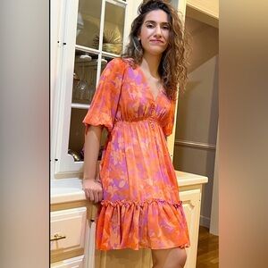 Taylor Orange and Pink Floral Ruffled Tiered Sundress sz 8